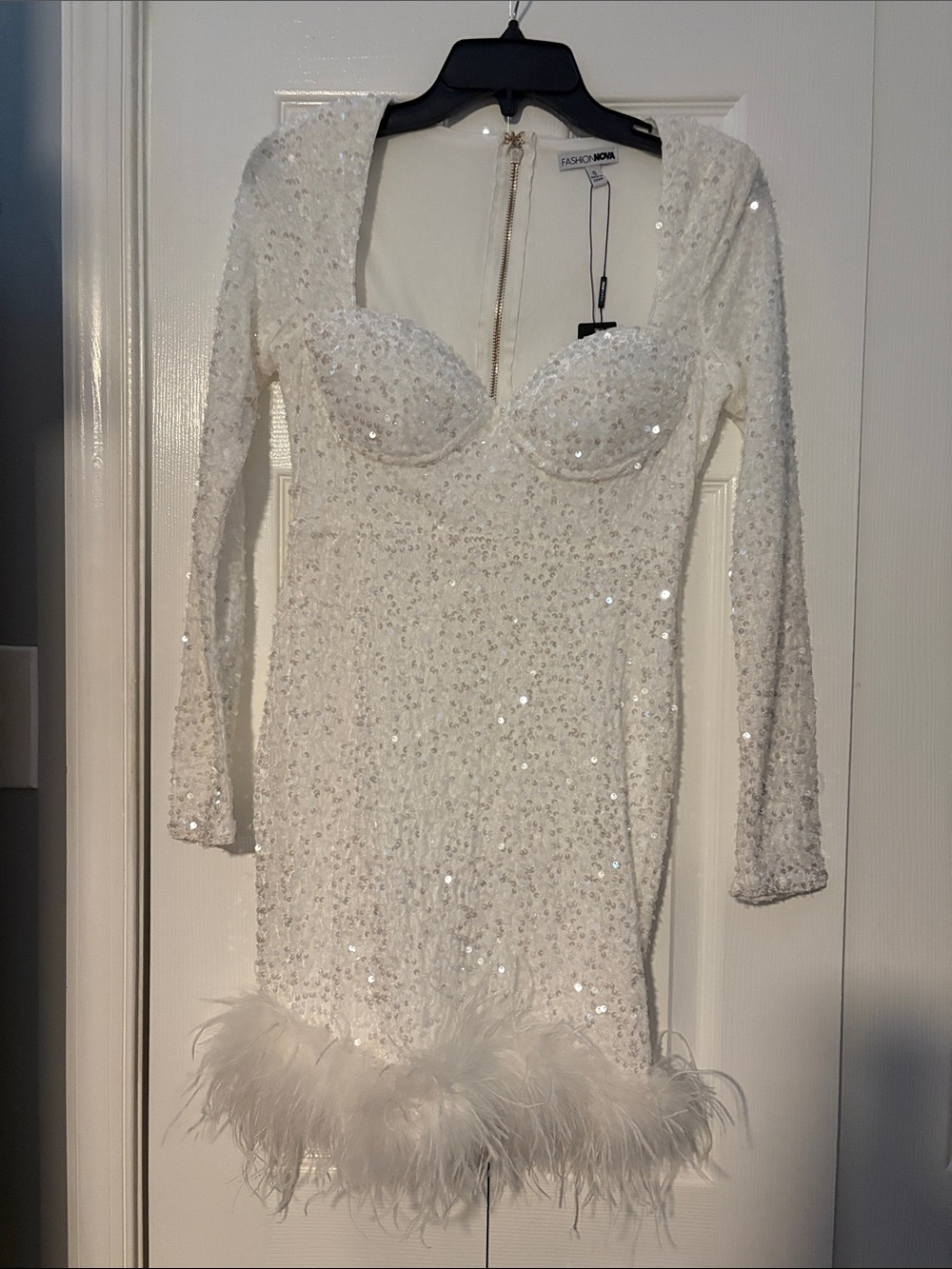 Fashion Nova White Sequin Long-Sleeve Feather Trim Mini Dress